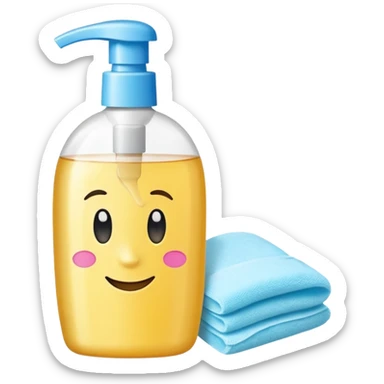 emoji of big (1L) bottle of shampoo, disposable gloves and cotton pads (for makeup) are standing on a table, products look like its always running out, and bran labels to them, make quantity bigger , and i want to see more disposable products sticker
