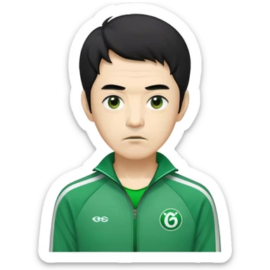 Seong Gi-hun : age 60, skinny and bony face, very small mouth, thick eyebrows deep eyes, unkempt black hair , Green player tracksuit. sticker