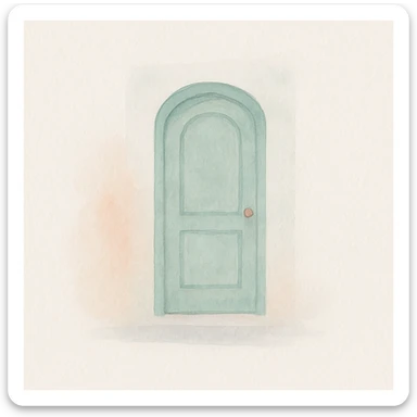soft watercolor illustration in a minimalist, modern style, a door, pastel colors, delicate linework, gentle whimsical mood, minimal soft shading sticker