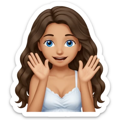 Girl with olive skin, blue eyes, brown dark insanely wavy long hair, white camisole, giggling with hand over face sticker