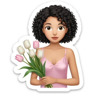 Mixed-race woman with caramel skin, black curly hair down, wearing a pastel pink silk camisole, holding a bouquet of white tulips sticker