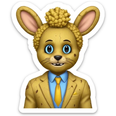 springtrap yellow damage hare suit with hare ears blue eyes with strands of 3C afro textured hair size of a small toothpick sttcking up sticker