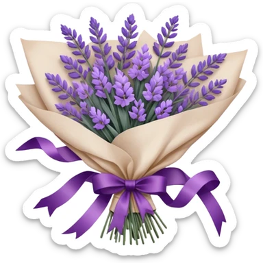 A delicate hand-tied lavender bouquet, featuring wisps of pale lilac and deep amethyst sprigs, is wrapped in parchment paper secured with a dusty plum ribbon. The gentle contrast of fresh and dried stems creates a soft, ethereal look, while the faint scent of lavender lingers like a nostalgic embrace from a bygone era.
 sticker