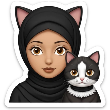 A Arabic woman human with brown eyes and black hijab. , the human is a human no cat ears, two cats, the both cats have the colour black and white in the same colour,   sticker