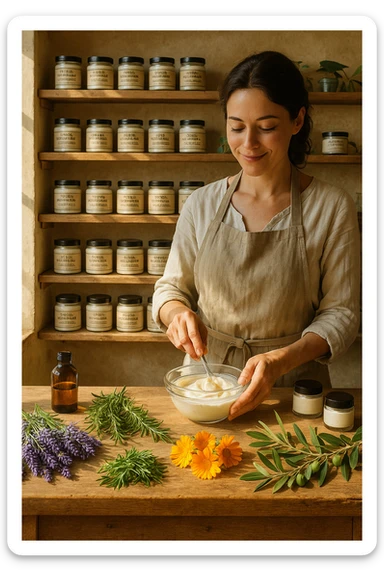 A realistic, high-quality photo of a small artisan skincare laboratory in Italy, with wooden shelves displaying beautifully packaged glass jars of natural creams made with herbal and botanical extracts, olive oil, and essential oils, clearly labeled ‘100% Natural’ and ‘Artisan Made in Italy’. The scene includes a bright, sunlit rustic workspace with plants, fresh lavender, rosemary, calendula flowers, and olive branches on the wooden counter, symbolizing purity and nature. A female artisan in a linen apron is carefully mixing creams in a glass bowl, smiling softly. The environment feels warm, authentic, and eco-friendly, emphasizing the concept of handcrafted skincare without synthetic chemicals in italiano sticker