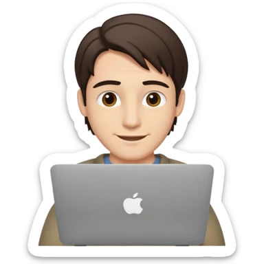 A man in his mid 20s, middle part average dude with slightly droopy eyes, happy, using a MacBook, hero for an iOS developers website sticker