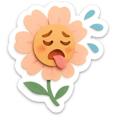soft peach cosmos flower with a flushed, panting face doing exercise, sweat flying off in exaggerated style, gentle pastel palette, paper-craft style sticker