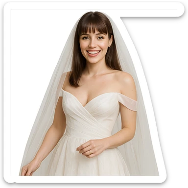 bride with light skin, hazel eyes, brunette straight hair with bangs, in a wedding dress, elegant and joyful sticker