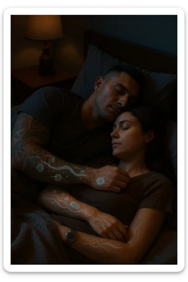 A hyper-realistic, cinematic image of a man and a woman sleeping together in the same bed under soft, dim night lighting, with their bodies close and touching. Their skin appears slightly illuminated where it touches, and under a subtle x-ray style overlay, faint ghostly silhouettes of microscopic parasites and worm-like organisms are visible crawling transdermally between their bodies, symbolizing silent, unnoticed parasite transmission during sleep. The environment is a cozy bedroom with warm tones, but the presence of the glowing parasites creates a slightly unsettling feeling, emphasizing the hidden danger. Their faces are calm, unaware, symbolizing the unconscious nature of the transmission. The image is detailed with a 35mm film hyperrealistic aesthetic, focusing sharply on the point of contact between their skin where the parasites pass, while the background remains softly blurred. The color palette uses muted warm browns and soft moonlight blues to maintain a nighttime, intimate feeling, contrasting with the translucent, glowing parasites to illustrate the hidden risk of transdermal parasite transmission while sharing a bed sticker