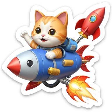cute cat flying with a rocket pack on its back, rocket flames, happy face, 3D cartoon, mobile game icon style, clean background, no text, no watermark
 sticker