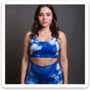 Realistic style image of a woman in sportswear inspired by the reference photo, showing evident water retention in the legs with visible swelling and smooth skin, natural pose, neutral expression, neutral background. sticker