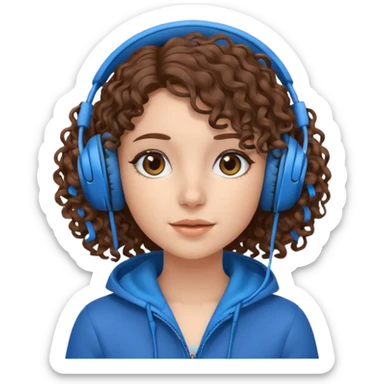 A girl with curly hair listening to music with blue headphones sticker