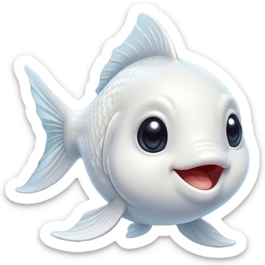 Cinematic Comical White Goldfish Portrait Emoji, Head tilted dramatically with an exaggeratedly amused expression, featuring a striking, glossy pure white body with elegantly fluttering fins, wide, expressive pale eyes filled with playful disbelief, Simplified yet hilariously expressive features, highly detailed, glowing with a slightly sassy glow, high shine, dramatic yet playful, stylized with an air of cheeky mischief, bright and endearing, soft glowing outline, capturing the essence of a spirited and over-the-top goldfish, so meme-worthy it feels like it could side-eye its way into internet fame instantly! sticker