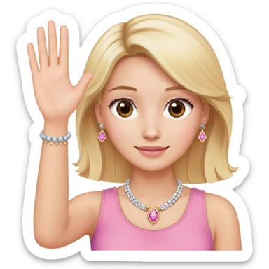 A giro with the hair blonde brown eyes waving Hi with jewelry on her and pink top sticker
