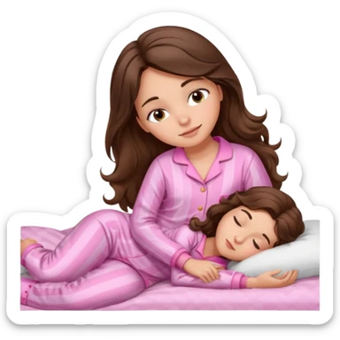 Brunette girl with long wavy brown hair with brown eyes and sleeping on a withe bed with cute pink pjs sticker