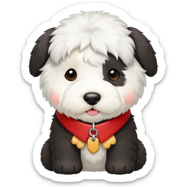 Crea un emoji de un perrito bebé  sheppdog english old con un collar rojo y que la placa diga Rocky sticker