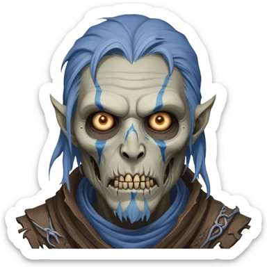 Cinematic Realistic WoW undead civilian Portrait, depicted with decayed yet noble features, his weathered, pallid skin etched with ghostly blue veins and ancient scars. Clad in modest, tattered attire in muted browns and greys that remain consistently rugged, his hollow eyes burn with determined defiance. Rendered with lifelike texture and dramatic natural lighting, high shine, noble and resilient, capturing the stoic spirit of an undead veteran of Azeroth. sticker