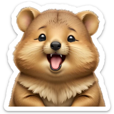 cinematic-realistic  yawning quokka-emoji,-small-round-frame, head tilted in an endearing manner, wouth wide open yawning, sleepy comical smile, round fluffy cheeks, giant-fluffy-cheeks-large-smile-fluffy-brown-fur-radiating-a-warm-softness,-big-round-eyes-filled-with-joy, realistic round  fluffy zoomed in, large black eyes one paw raised in the air sticker