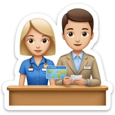 receptionist and tourist standing on hotel reception desk\ sticker