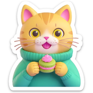 cute cat with big eyes, wearing a green sweater with yellow smiley faces, holding a pink macaron, soft and shiny, inspired by Apple emoji aesthetics, 3D iOS style emoji, variation 3 sticker
