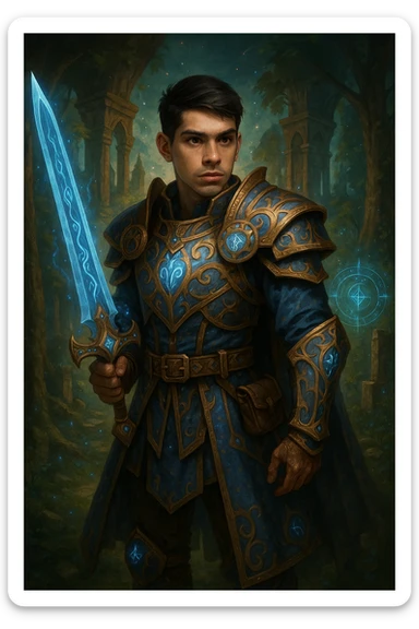Transform the boy in the image into a fantasy system style hero. He should be wearing magical armor, wielding a sword, and set against a mystical background inspired by classic fantasy RPGs. The style should evoke the essence of traditional fantasy role-playing games with detailed, heroic, and magical elements. sticker