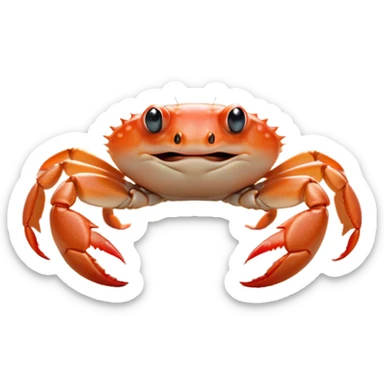 Cinematic Cute Baby Crab Portrait Emoji, Head tilted playfully and inquisitively, featuring an adorably small form with a delicately patterned carapace, round, sparkling eyes, and tiny, endearing pincers, Simplified yet irresistibly adorable features, highly detailed, glowing with a warm, friendly coastal glow, high shine, affectionate and lively, stylized with a touch of seaside whimsy, soft glowing outline, capturing the essence of a mischievous yet loving baby crab that seems as if it could pinch its way out of the screen into your arms! sticker