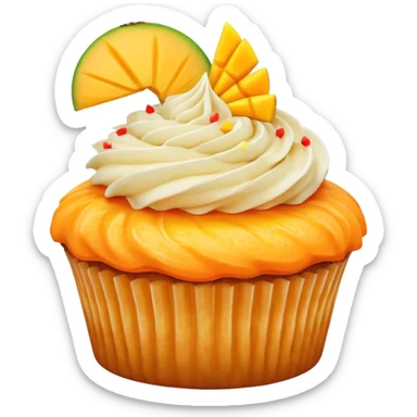 Orange frosted cupcake with mango slice on top sticker