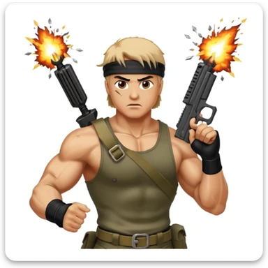 Icon for Action Movies: Rambo in the lead role, in an intense action pose with weapons, explosions, and dramatic background. The design should evoke the classic action movie feel with muscle-bound heroes and high-energy sequences. Transparent background. sticker