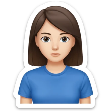 young brunette brawn-eyed woman with straight hair with a blue t-shirt with  sticker