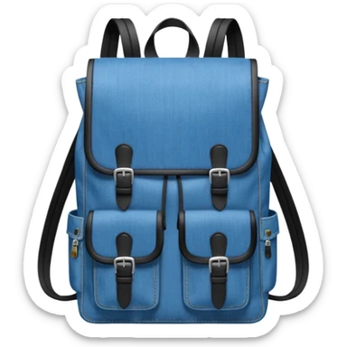 a blue denim backpack with a flap top, two vertical *black buckle straps* on the front, only at the top. The backpack has two side pockets and a soft square shape. 

 sticker