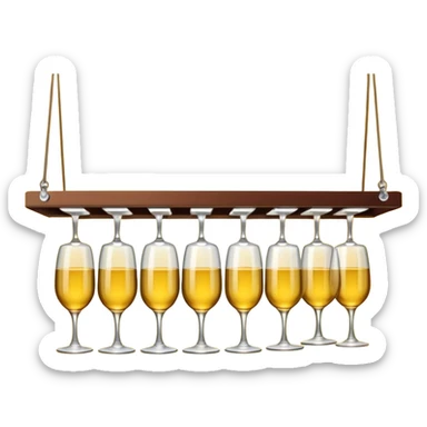 A row of hanging wine glasses upside-down under a yellow light shelf
 sticker