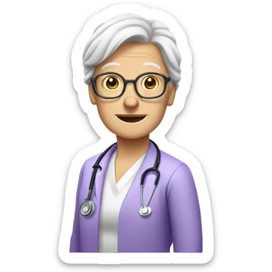 elderly doctor, with a few wrinkles, violet shirt, blond hair above her shoulders sticker