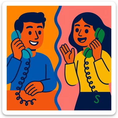 two people on a land line phone, separated by a wavy line, vibrant toon style, friendly and expressive sticker