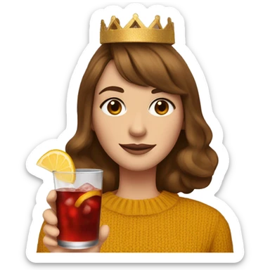 White English woman with long brown hair and face framing layered bangs dressed in a mustard yellow sweater with birthday crown and negroni in hand sticker