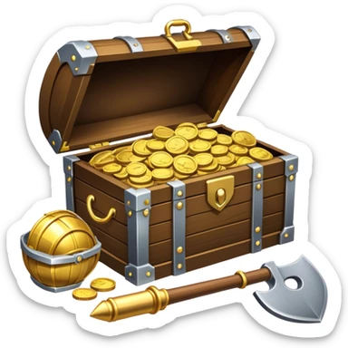 An icon featuring a treasure chest partially open, revealing gold coins and jewels. A metal detector and a shovel are nearby, symbolizing the excitement of treasure hunting. The design evokes adventure, exploration, and the thrill of discovering hidden treasures. transparent background. sticker