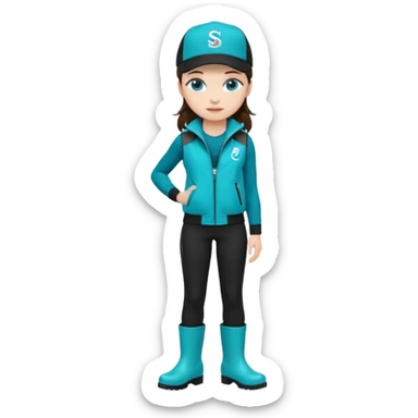 A landscaper in a beautiful turquoise jacket, turquoise rubber boots, and black pants. Over the turquoise jacket, she wears a black sleeveless vest. On her head, she wears a black Swissotel baseball cap. The girl is a brunette with blue eyes. sticker