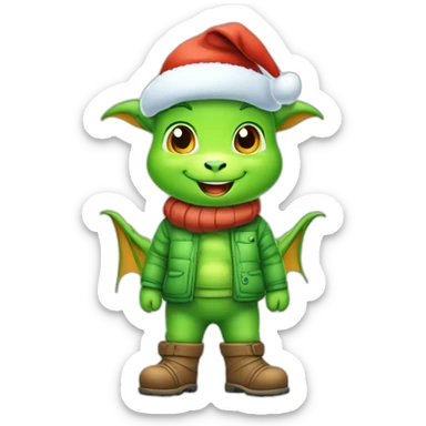 happy little green cartoon dragon of child in winter, in work pants, in work clothes, in winter boots, in a Santa Claus hat, New Year sticker