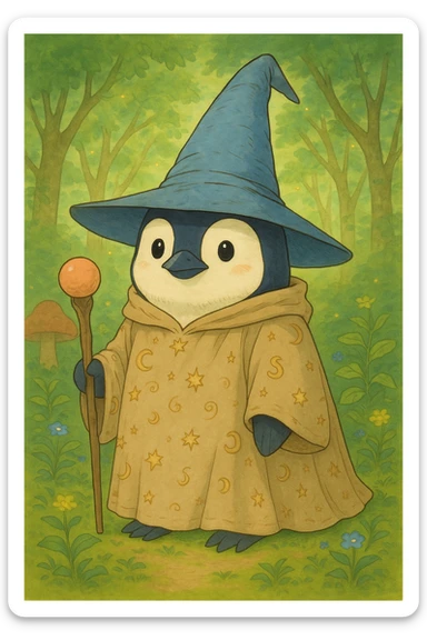 Create a ghibli style illustration of a penguin wizard with eyes open, keeping the background as is in the original image. sticker