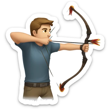 a male archer aiming with a bow looking at his target, wearing a tshirt, brown hair, bright skin, sticker