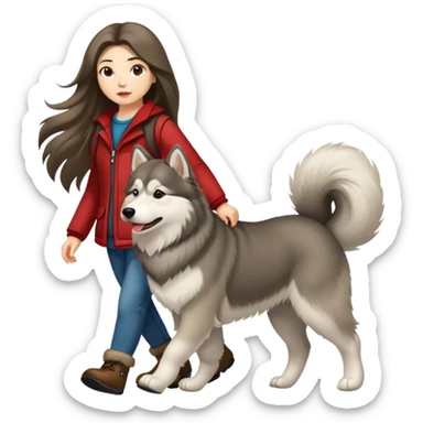 A long-haired girl walking an Alaskan dog sticker