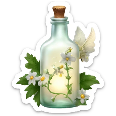 White magic fairy light sparkling old Antique bottle with poison and with herbal and flowers sticker