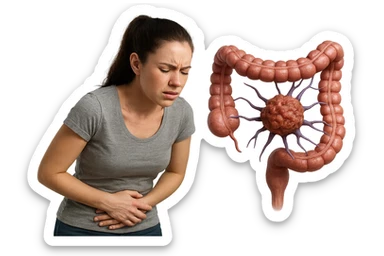 donna giovane piegata in avanti con mal di pancia e cellula tumorale che danneggia il colon, iperrealistica 4k sticker