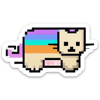 Nyan Cat es un gato de aspecto pixelado con cuerpo de tostada, que vuela por el espacio. Deja un rastro de arcoíris brillante mientras mueve su cola. Tiene una expresión neutral en su rostro y está representado en un estilo retro de 8 bits. sticker