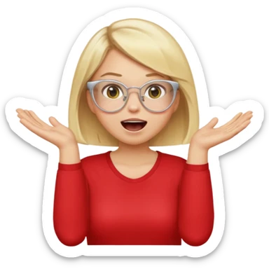 emoji style, waist-up woman with light skin, blonde bob hair, white cat-eye glasses, red shirt, both hands cupped around her mouth, shouting with joy on simple light background sticker