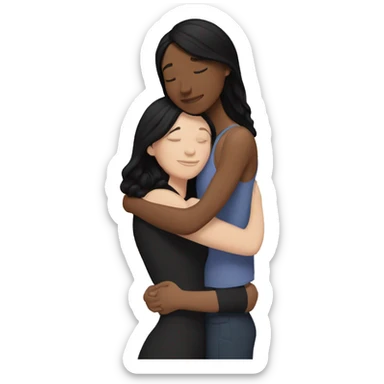 A lesbian couple that both have white skin and long black hair are hugging intimately, and romantically. sticker