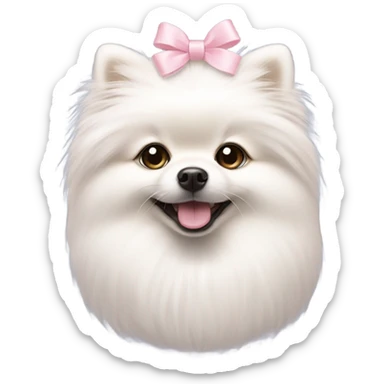 A white small Pomeranian with a cute little light pink bow on her hair sticker