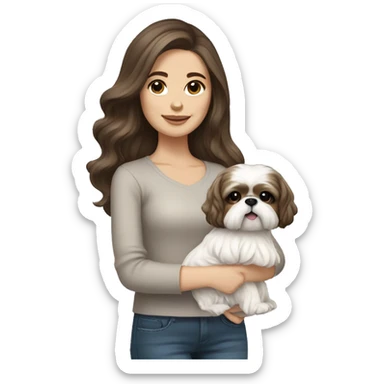 Young brunette hair woman with a cream shih tzu in her arms long wavy hair sticker