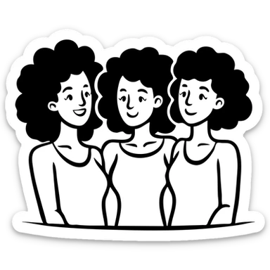 Three women with curly hair standing together, two with shoulder-length black curly hair and one with short black curly hair sticker