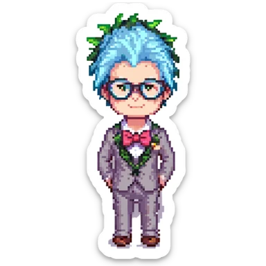 pixel art icon of a nerd with spiky hair, big glasses, and a bow tie sticker