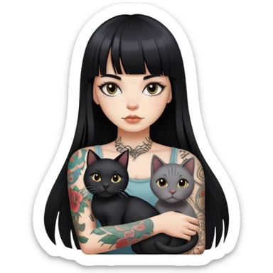 girl with long black  straight bangs hair and tattoos and a grey-shared cat sticker